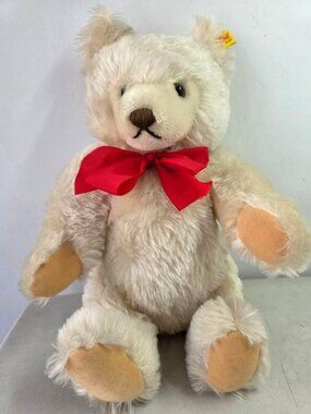 Vintage Steiff Teddy Bear White Mohair Jointed 14" Button Tag W Germany 1980s